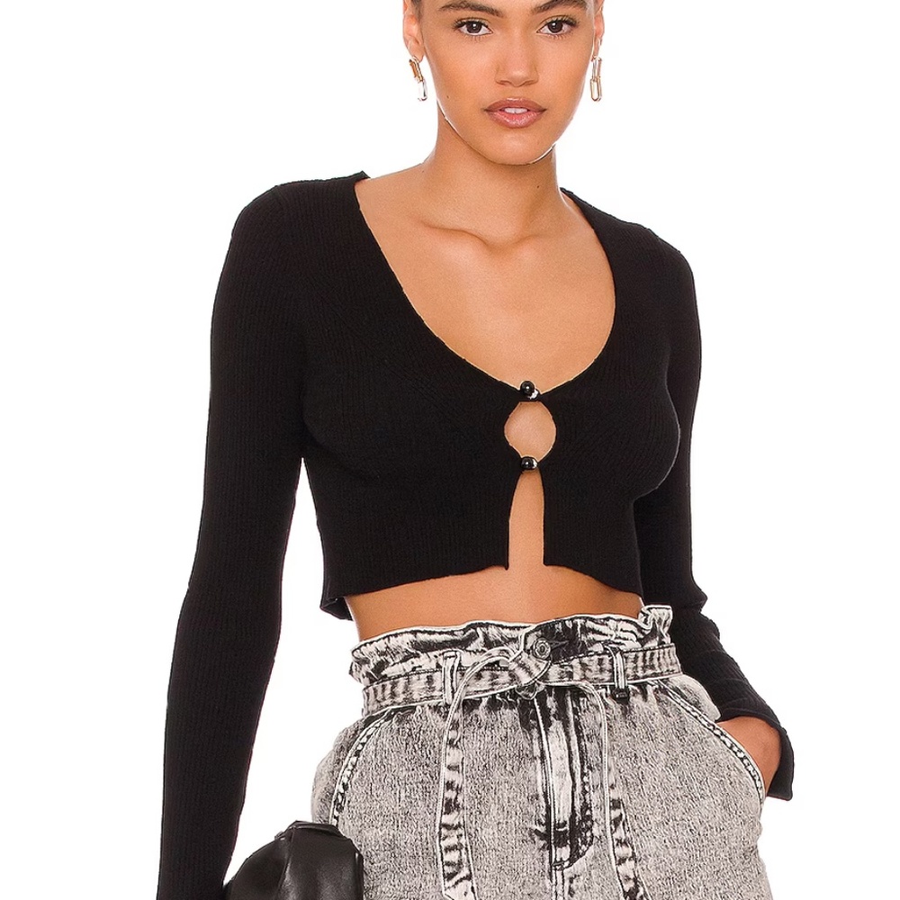 New NBD Anouk Black Open Crystal Button Ribbed Crop Cardigan Top Revolve sz XS